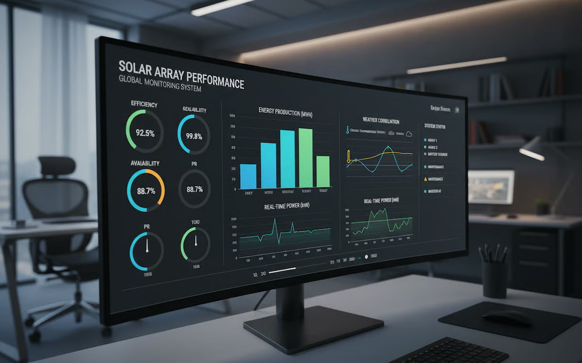 monitorizare sistem fotovoltaic -ecranul unui monitor cu un dashboard profesional cu indicatori cheie de performanta ai sistemului fotovolt