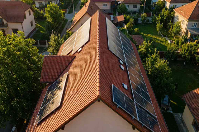 Vedere aeriana a unei case cu panouri fotovoltaice instalate pe multiple fatete ale acoperisului cu orientari diferite