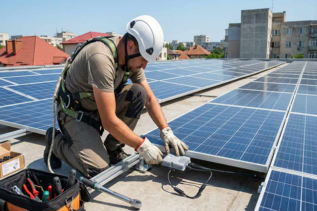 Tehnician profesionist instaland optimizatoare pe structura panourilor fotovoltaice, acoperis, cladire