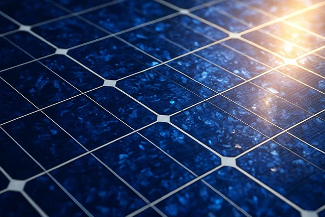 Detaliu cu celule fotovoltaice albastre dintr-un panou solar activ, ilustrând conversia luminii în electricitate.