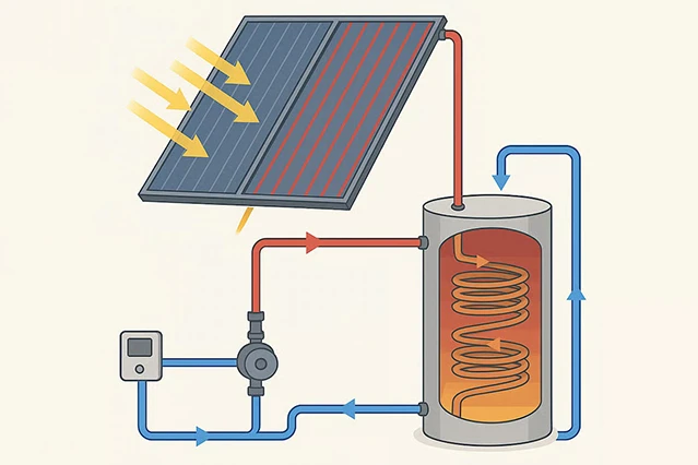 Diagramă explicativă cu funcționarea unui sistem de panouri solare termice pentru încălzirea apei menajere.