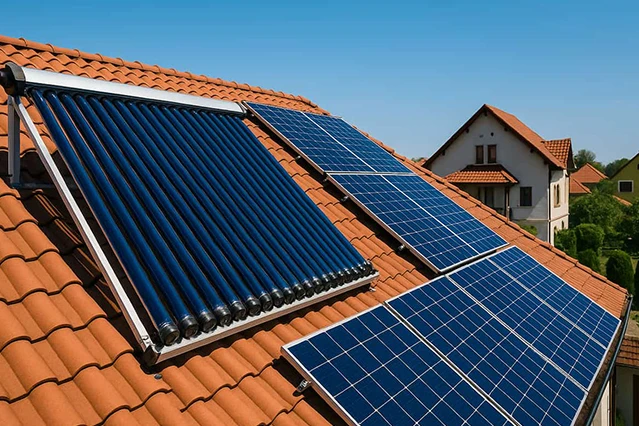 Instalație modernă cu panouri solare termice și fotovoltaice pe acoperișul unei case din România, într-un cartier rezidențial sustenabil.